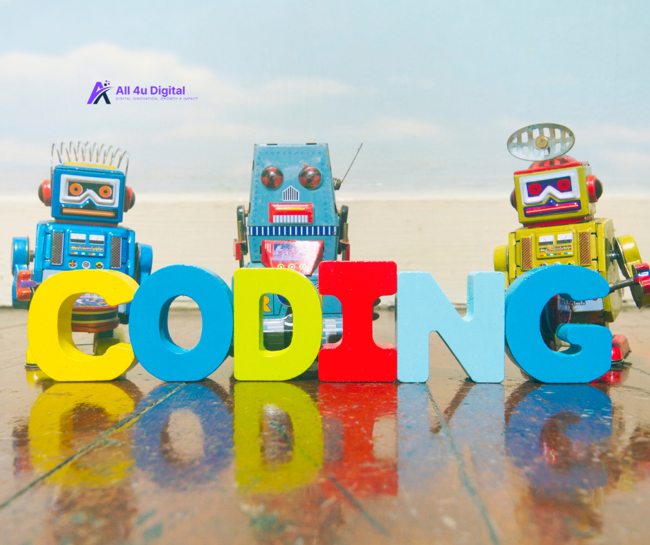 Three colorful retro robots standing behind large wooden letters spelling CODING, with the All 4u Digital logo in the top left corner.