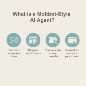 "A clean, modern infographic titled 'What Is a Moltbot-Style AI Agent?' against a cream-colored background. Four soft teal circular icons are arranged in a row: an envelope for sorting inboxes, a calendar for managing appointments, a folder for organizing files, and a browser window for performing web actions. Below each icon is a simple, easy-to-read label explaining how the AI agent provides practical, human-centered assistance."