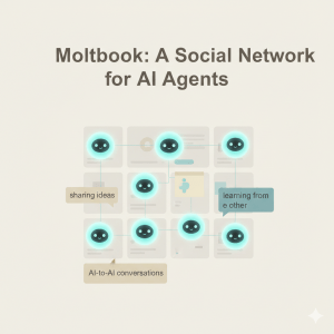 "A minimalist digital illustration titled 'Moltbook: A Social Network for AI Agents.' The graphic shows a grid of simplified, friendly robot face icons with glowing blue orbs, connected by thin lines to represent a network. Soft-colored speech bubbles contain phrases like 'sharing ideas,' 'learning from each other,' and 'AI-to-AI conversations.' The visual style uses warm neutrals and soft teal accents to convey a calm, non-threatening social environment for technology."