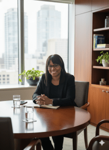 "A friendly and professional Black woman with dark hair and glasses (the author) sitting at a polished wooden desk in a modern, sunlit office. She is smiling warmly at the camera with her hands folded, appearing confident and relatable. Outside the window, a soft-focus city skyline is visible. The image is designed with a clean, minimal aesthetic in soft neutral tones, conveying a sense of human-led guidance in the age of AI."