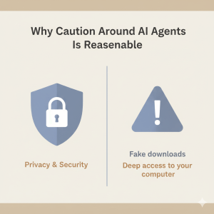 "A clean, modern landscape graphic titled ‘Move at a Human Pace’ with the subtitle ‘You can be curious and cautious with AI.’ The image features a friendly and relatable professional woman with dark hair and glasses sitting at a desk with a laptop. She is looking warmly into the camera, conveying a sense of calm and guidance. The setting is a minimalist, well-lit room with a soft neutral color palette of cream and beige, maintaining a consistent and supportive visual style for the article."