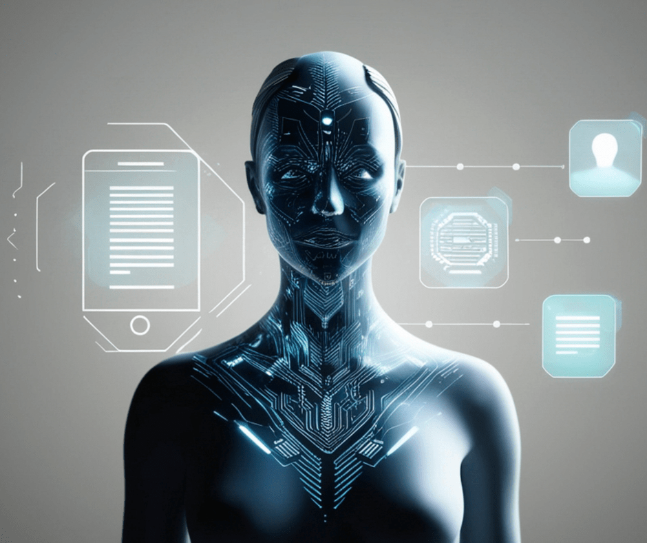 Futuristic humanoid AI figure with glowing circuit patterns across its face and body, surrounded by floating digital interface icons representing files, data, and user profiles.