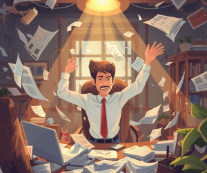 Business man throwing papers in the air challenged with AI Reputation Management.
