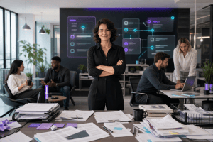 Small business owner leading with confidence while AI-supported workflows organize repetitive operations in the background. 