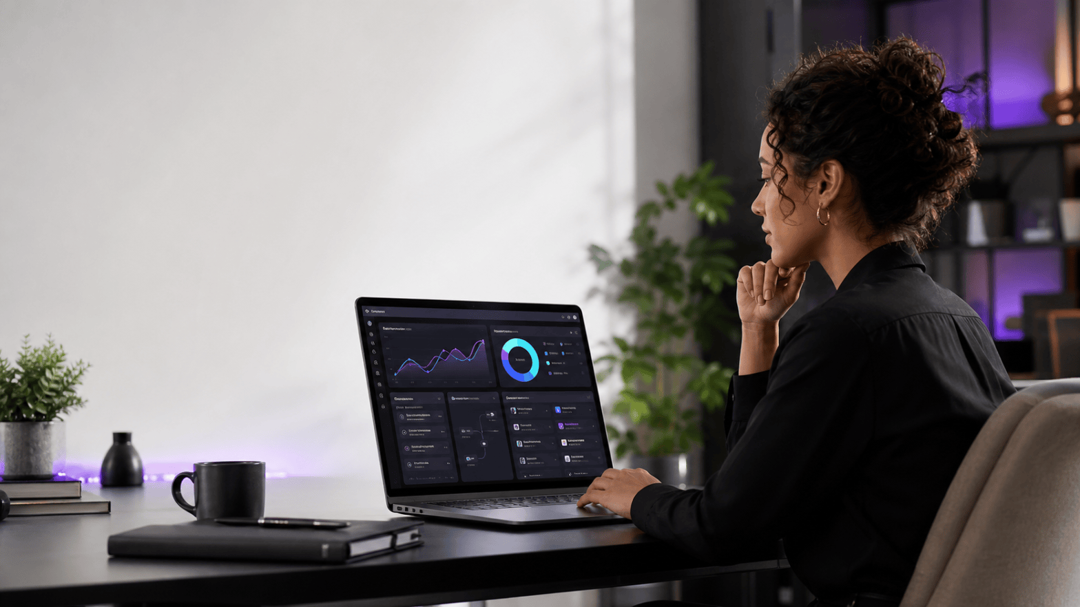Diverse small-business leaders reviewing an AI-powered business growth workflow in a modern workspace with All4UDigital purple and cyan accents.