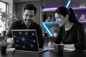 Diverse small-business leaders reviewing an AI-Powered workflow system together in a modern office.