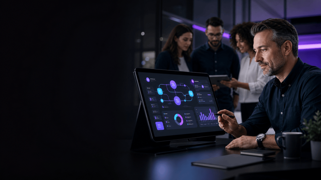 Business leader reviewing an AI workflow dashboard with a small team in the background, representing AI Team readiness, business operations, and growth planning for All4UDigital.
