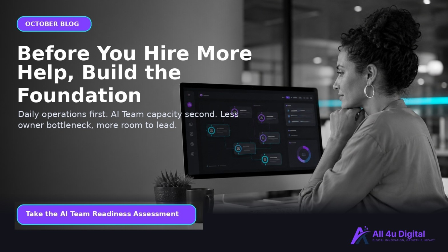 Business owner reviewing a clear daily operations workflow showing intake, follow-up, scheduling, customer communication, and AI Team support.