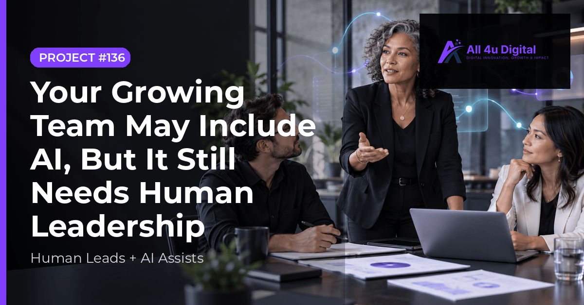 Diverse small-business leaders meet around a strategy table while a woman leads the conversation, illustrating a human-led AI Team supported by connected digital workflows. Placement: Featured image and social link-preview image for the approved November blog.